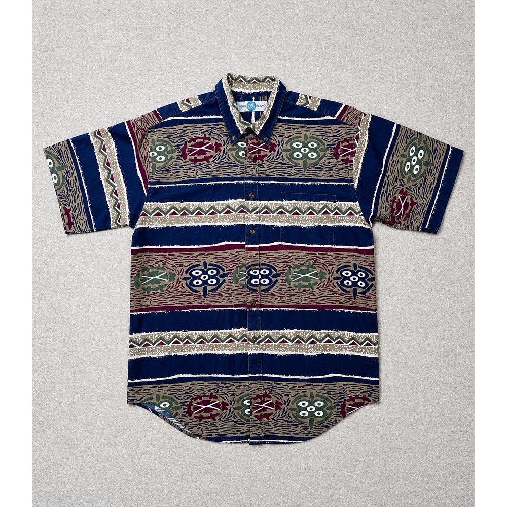 Vintage World Island Hawaiian Shirt Men's L USA Made Tribal Geometric Button Up